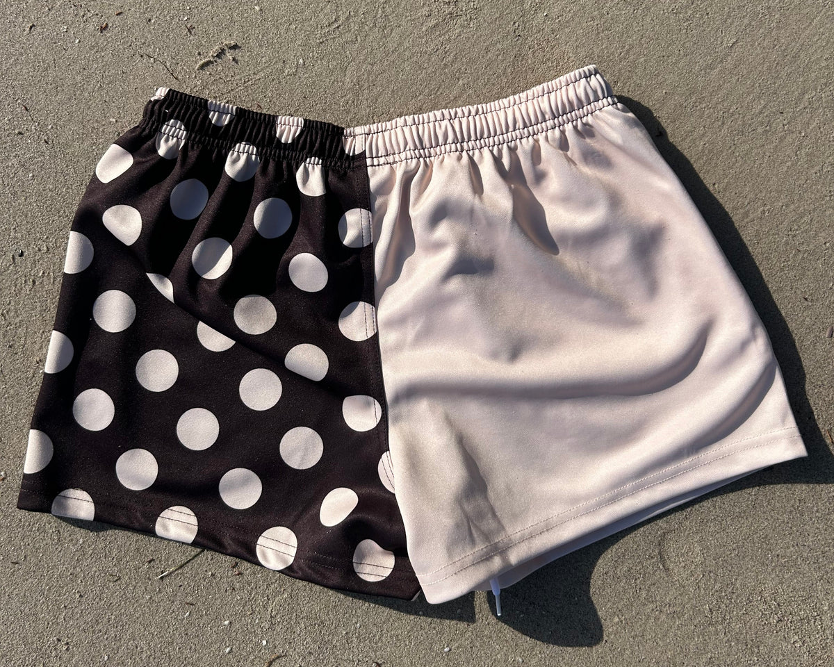 PREORDER Choc Brown & Cream Polka Dot Footy Shorts