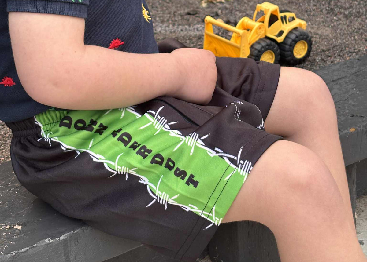 Kids Footy Shorts- 'Barbed' Green
