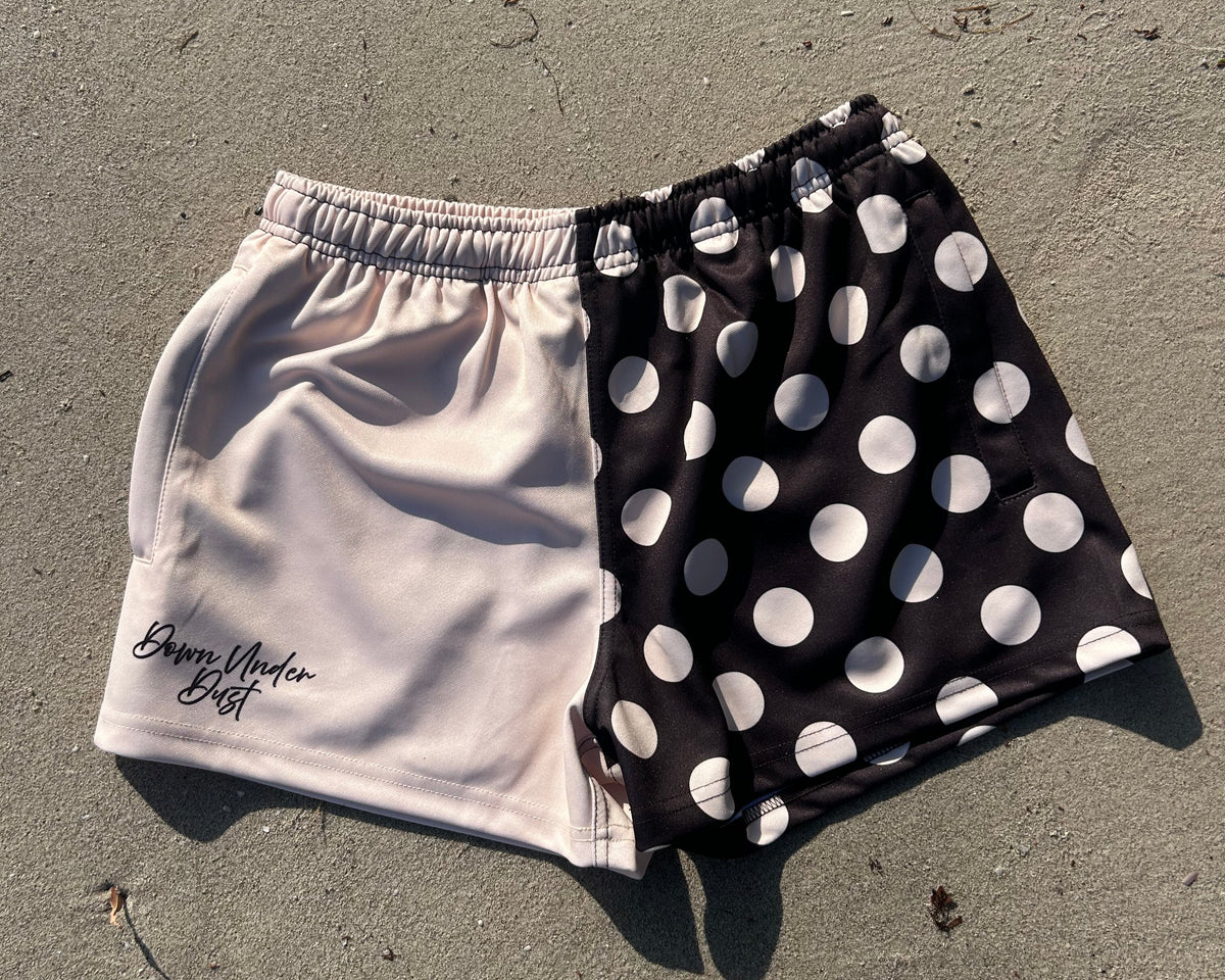 PREORDER Choc Brown & Cream Polka Dot Footy Shorts