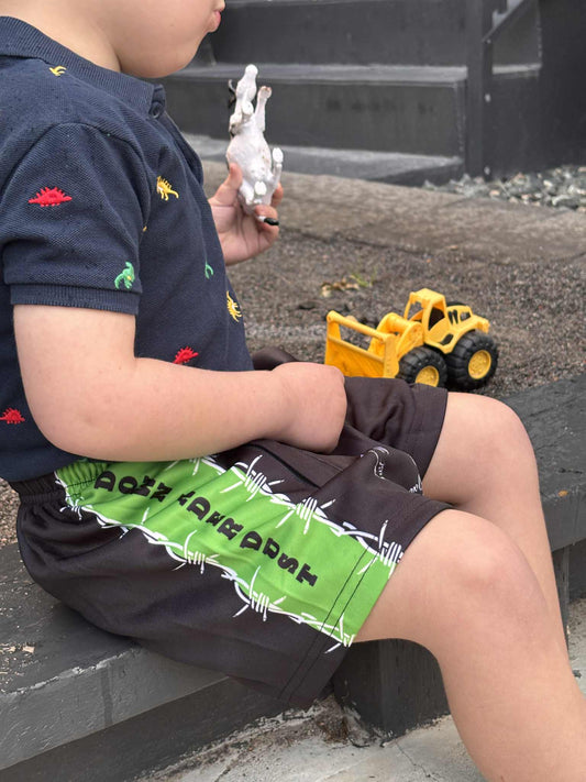 Kids Footy Shorts- 'Barbed' Green