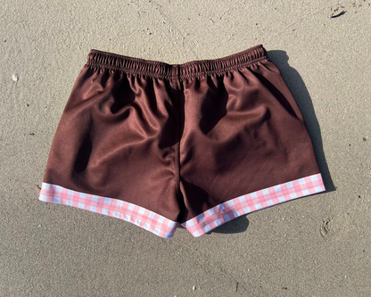 PREORDER-'Crossroads' Footy Shorts- Choc Brown & Pink