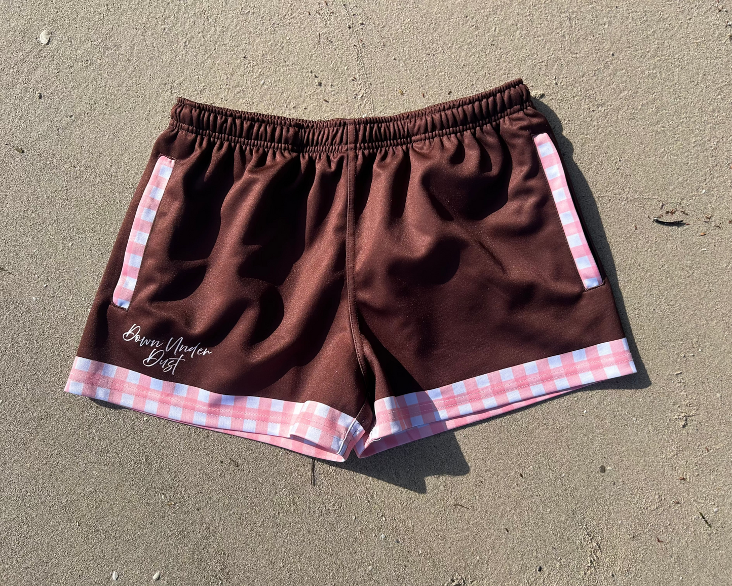 PREORDER-'Crossroads' Footy Shorts- Choc Brown & Pink