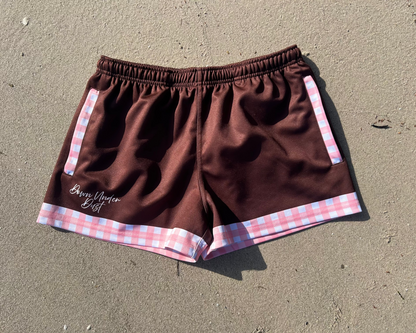 PREORDER-'Crossroads' Footy Shorts- Choc Brown & Pink