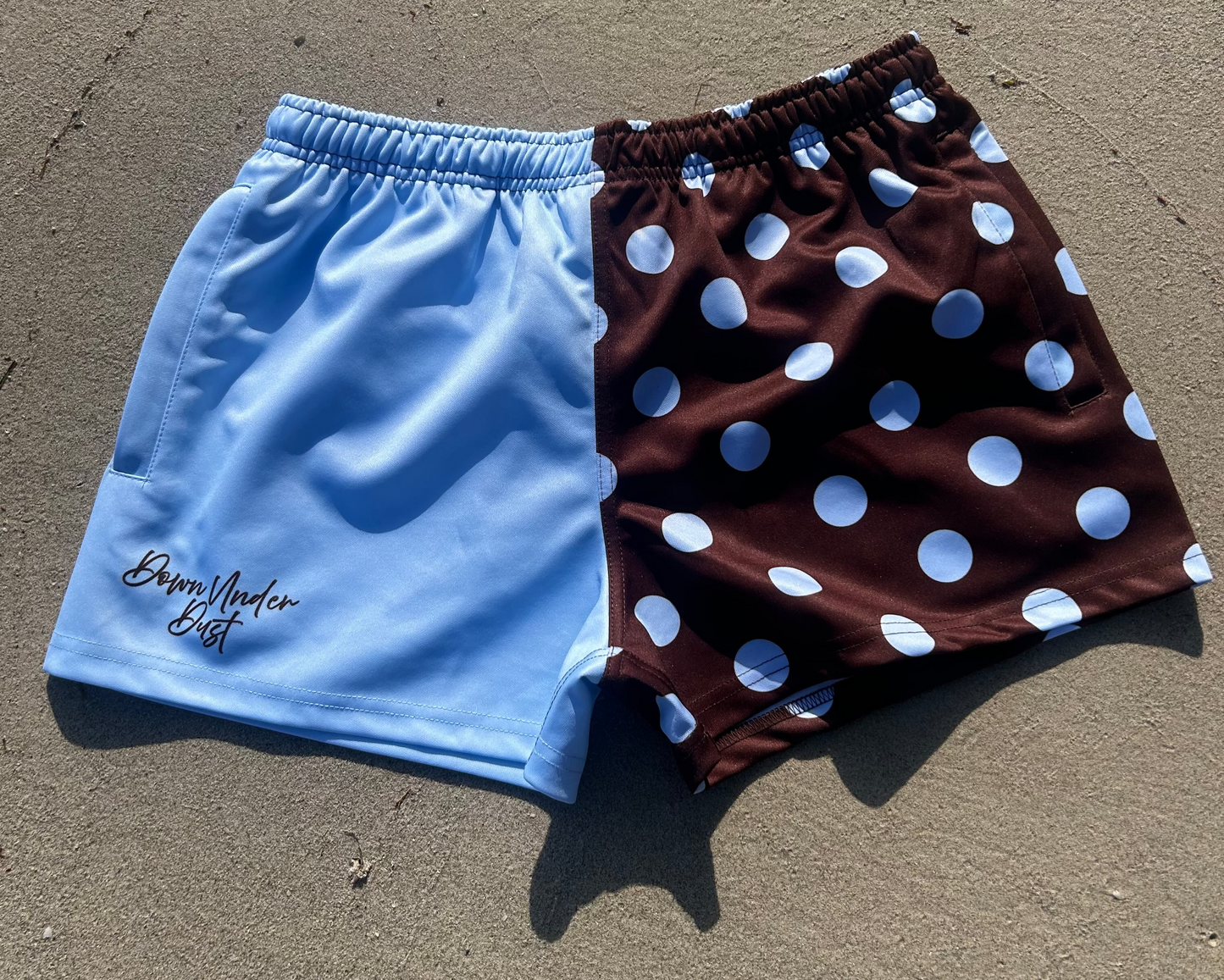 PREORDER Choc Brown & Blue Polka Dot Footy Shorts