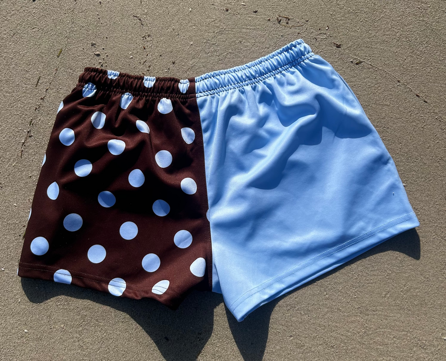 PREORDER Choc Brown & Blue Polka Dot Footy Shorts