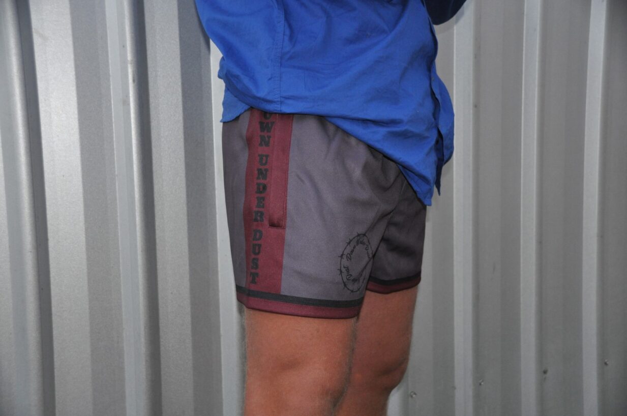 Maroon and grey footy shorts